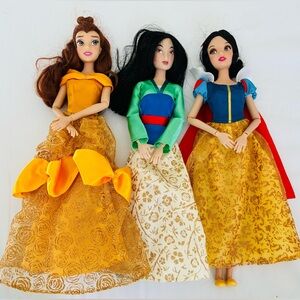 3 Preowned Princess Disney Dolls- Belle, Mulan, Snow White